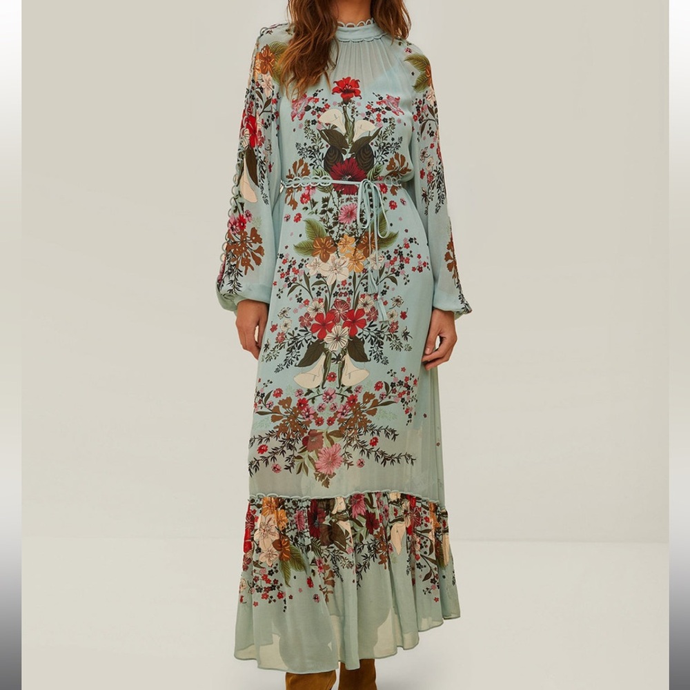 Farm Rio Blue Beauty Bouquet Long Sleeve Maxi Dress size Small NWT